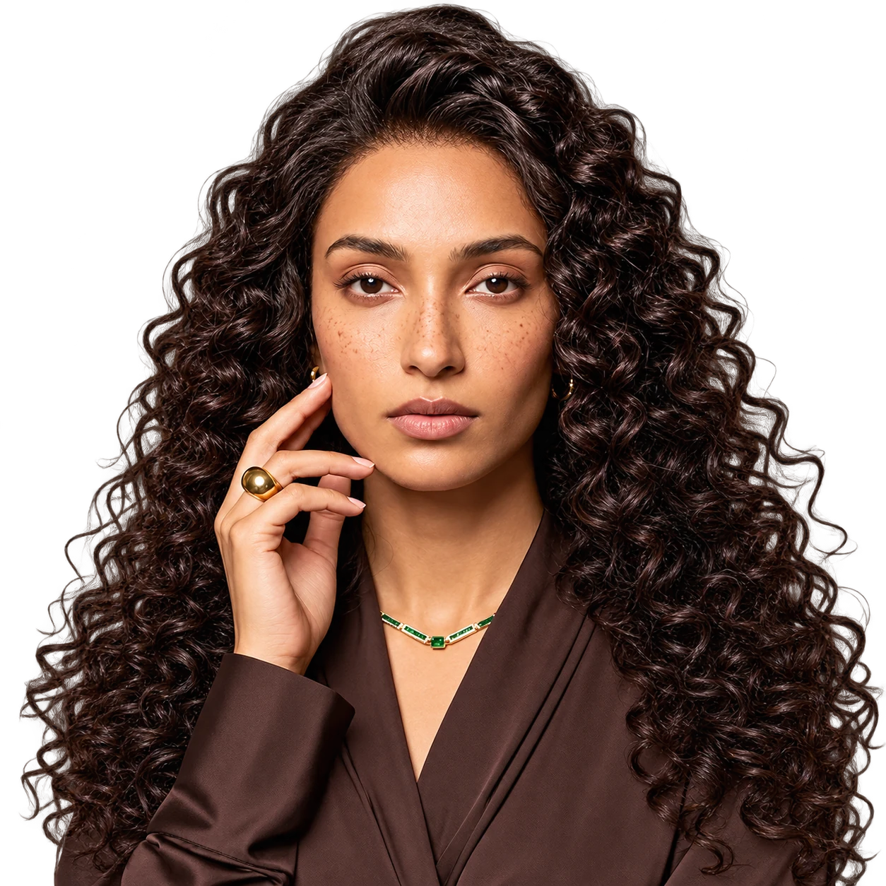 Editorial portrait of a woman with long, voluminous dark curly hair