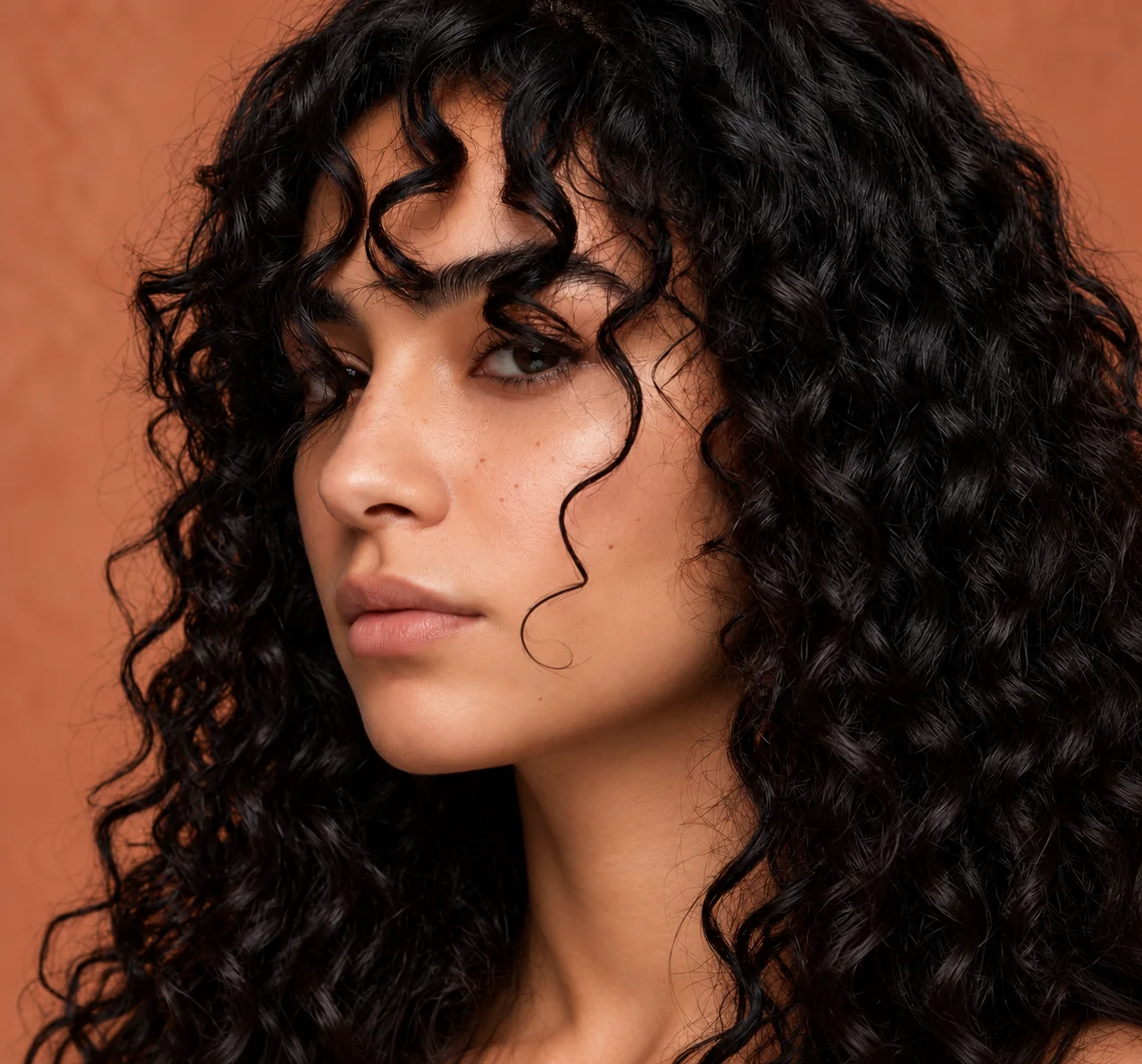 Editorial portrait of a woman in profile against a terracotta backdrop, with long, voluminous dark curly hair.