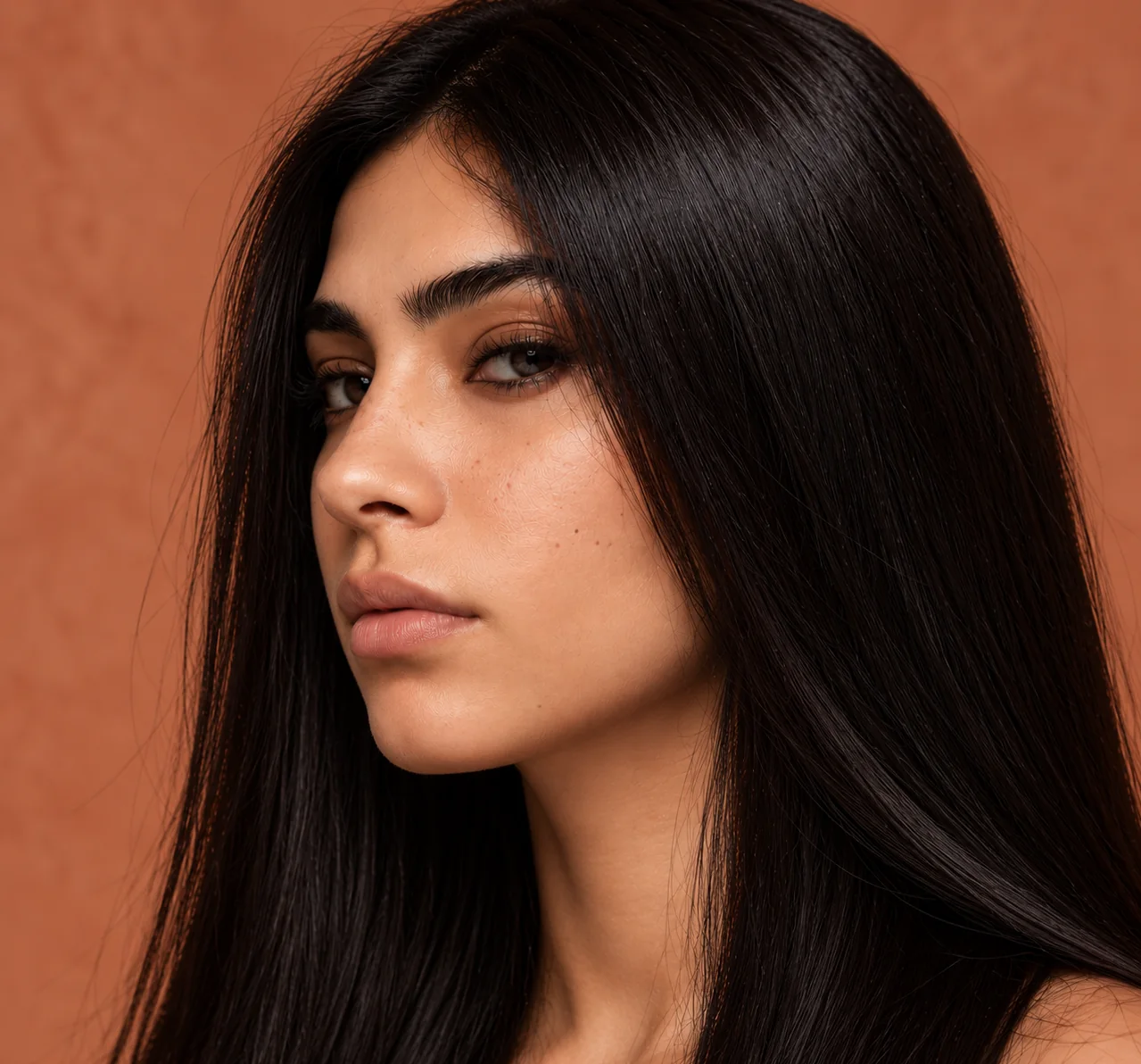 The same portrait with the hair styled long, sleek and straight.
